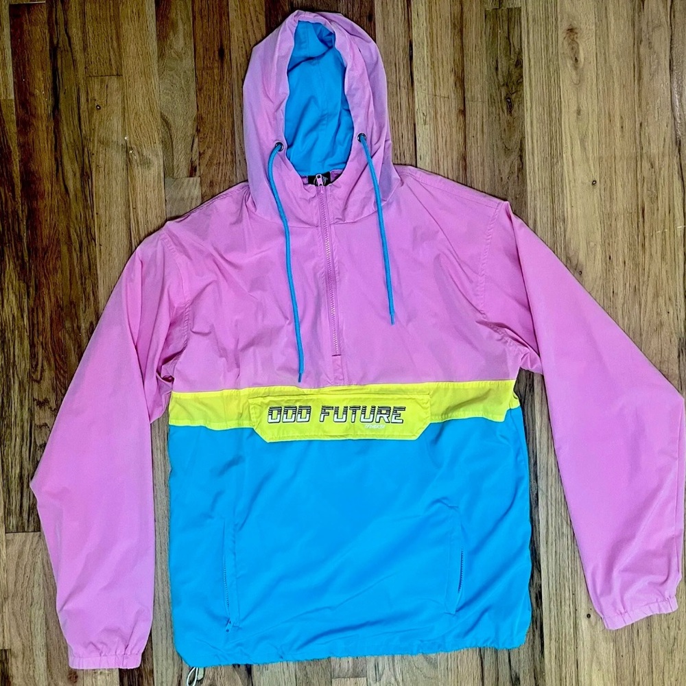 Men’s Retro Odd Future Neon Colorblock Pink, Yellow & Blue Anorak Jacket size XL